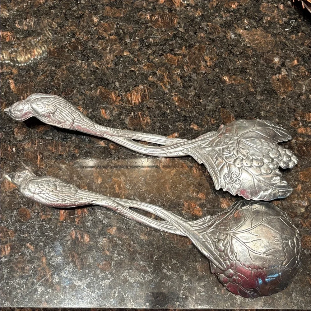 Vintage 1999 Arthur Court Aluminum Salad Serving Set ~ Spoon/Fork Bird Design